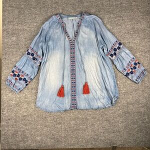 Given Kale Chambray Blouse Womens XL Embroidered Tassel Lyocell Boho Western